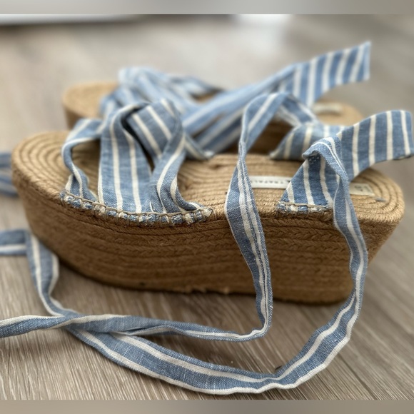 Zara Platform Tie Blue and White Striped Jute Espadrille Sandals - Picture 3 of 6